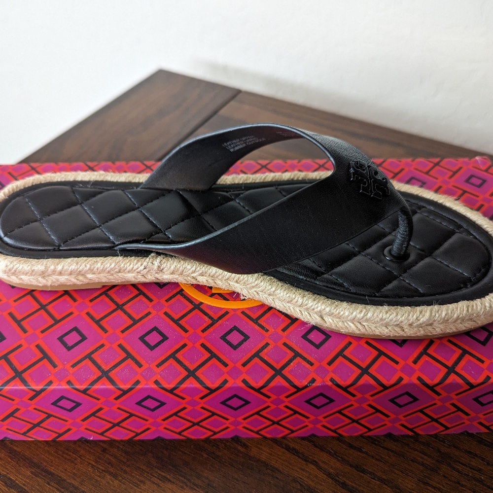 Tory Burch Quilted Espadrille Thong, Perfect Black Size 6